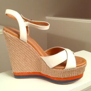 High Platform beach Wedges. Orange, white teal tan